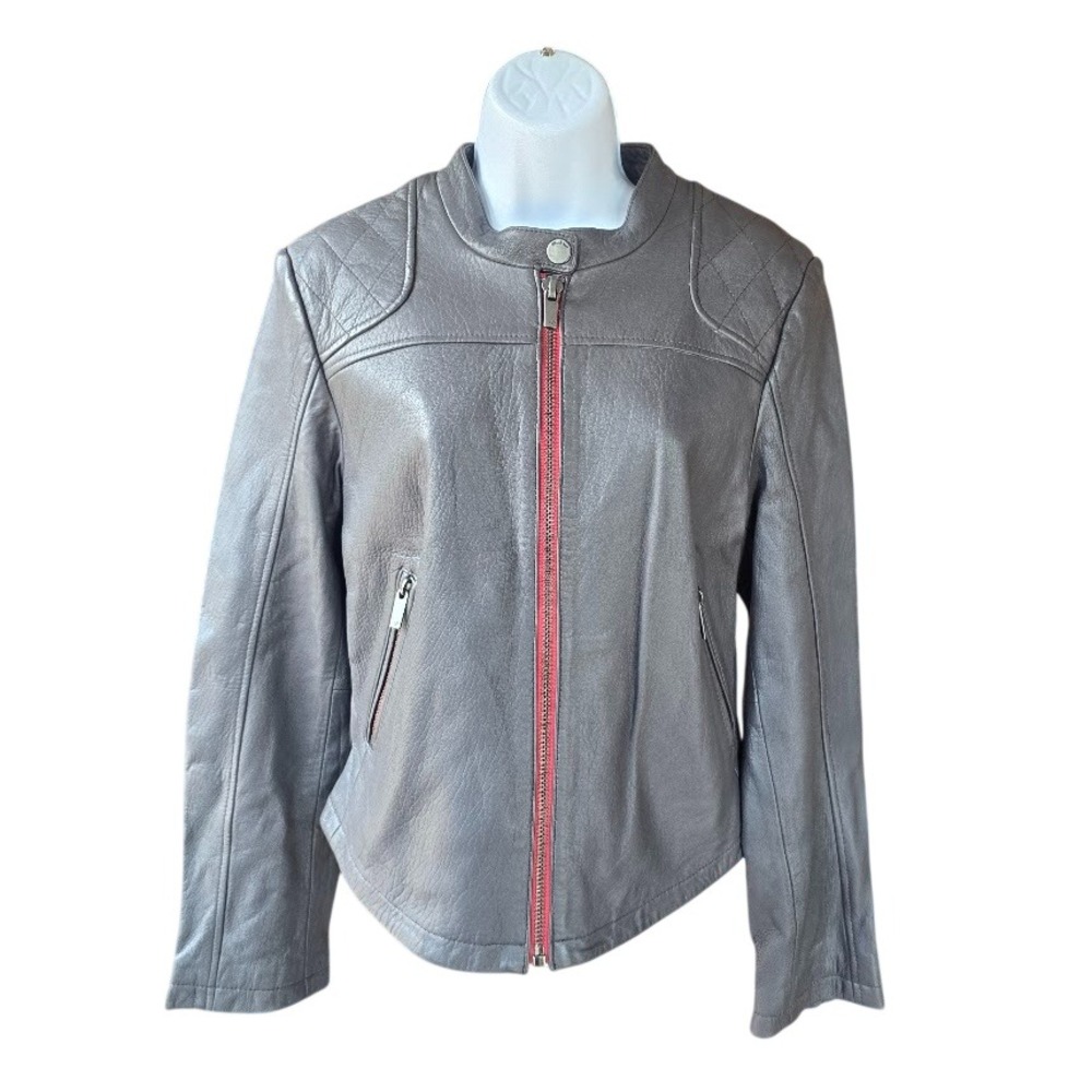 William Rast Leather Moto‎ Jacket Womens M Gray Patches Biker Urban Edgy Rocker
